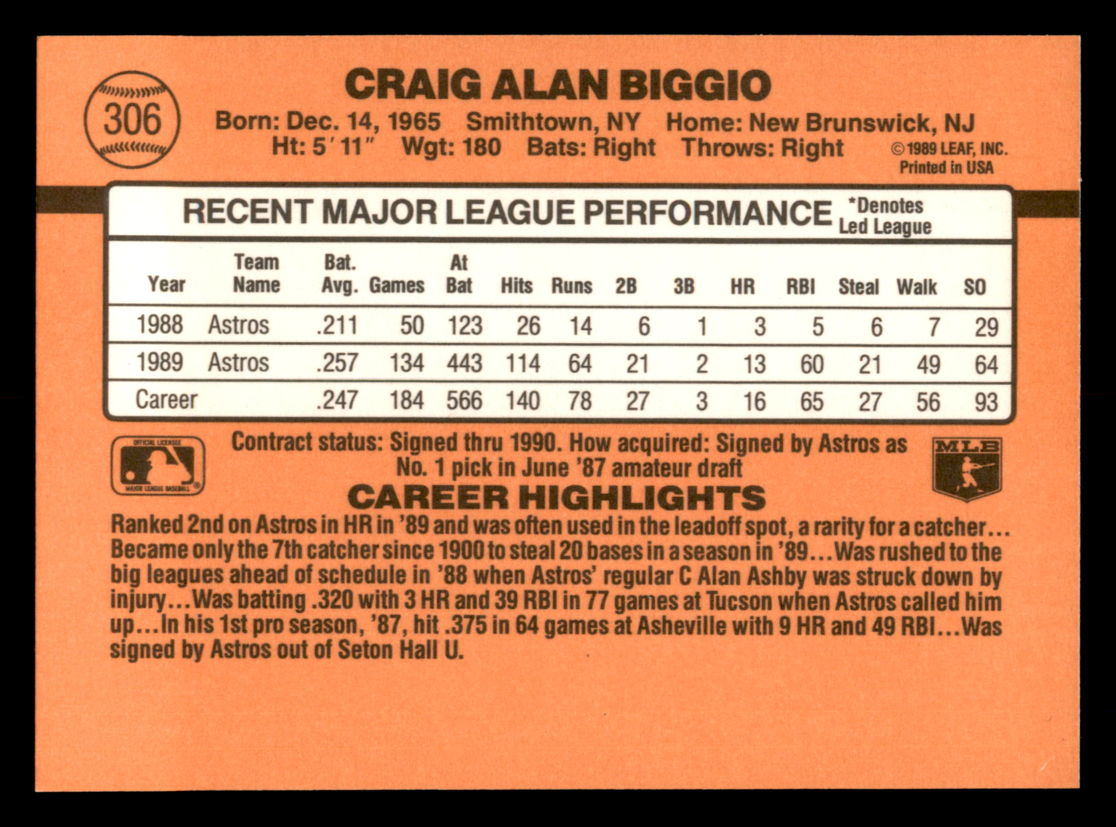 Craig Biggio Recollection Collection 1990 Donruss Auto 2/2 HOF Astros Card  #306