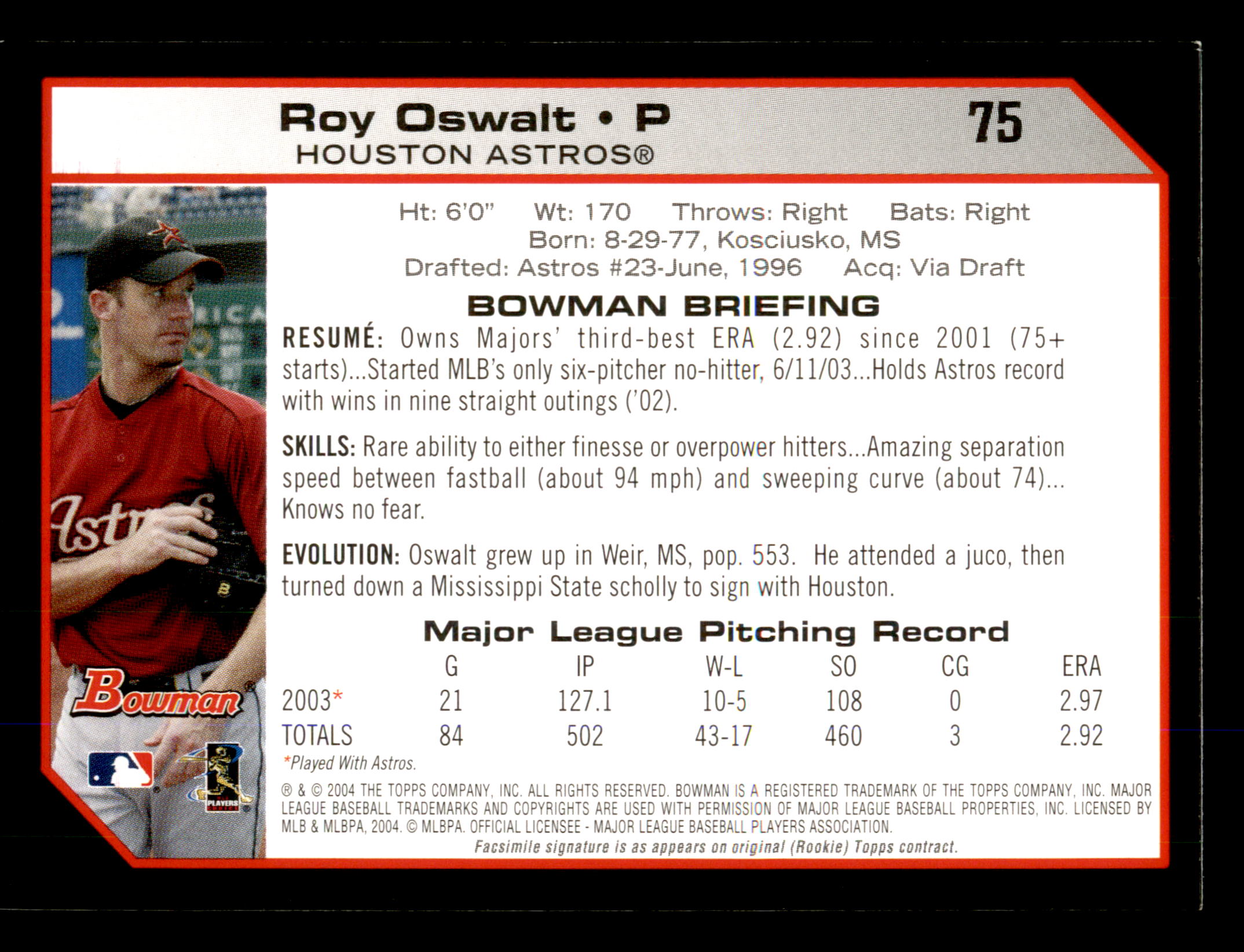 2004 Bowman Chrome #75 ROY OSWALT Houston Astros RARE BASE
