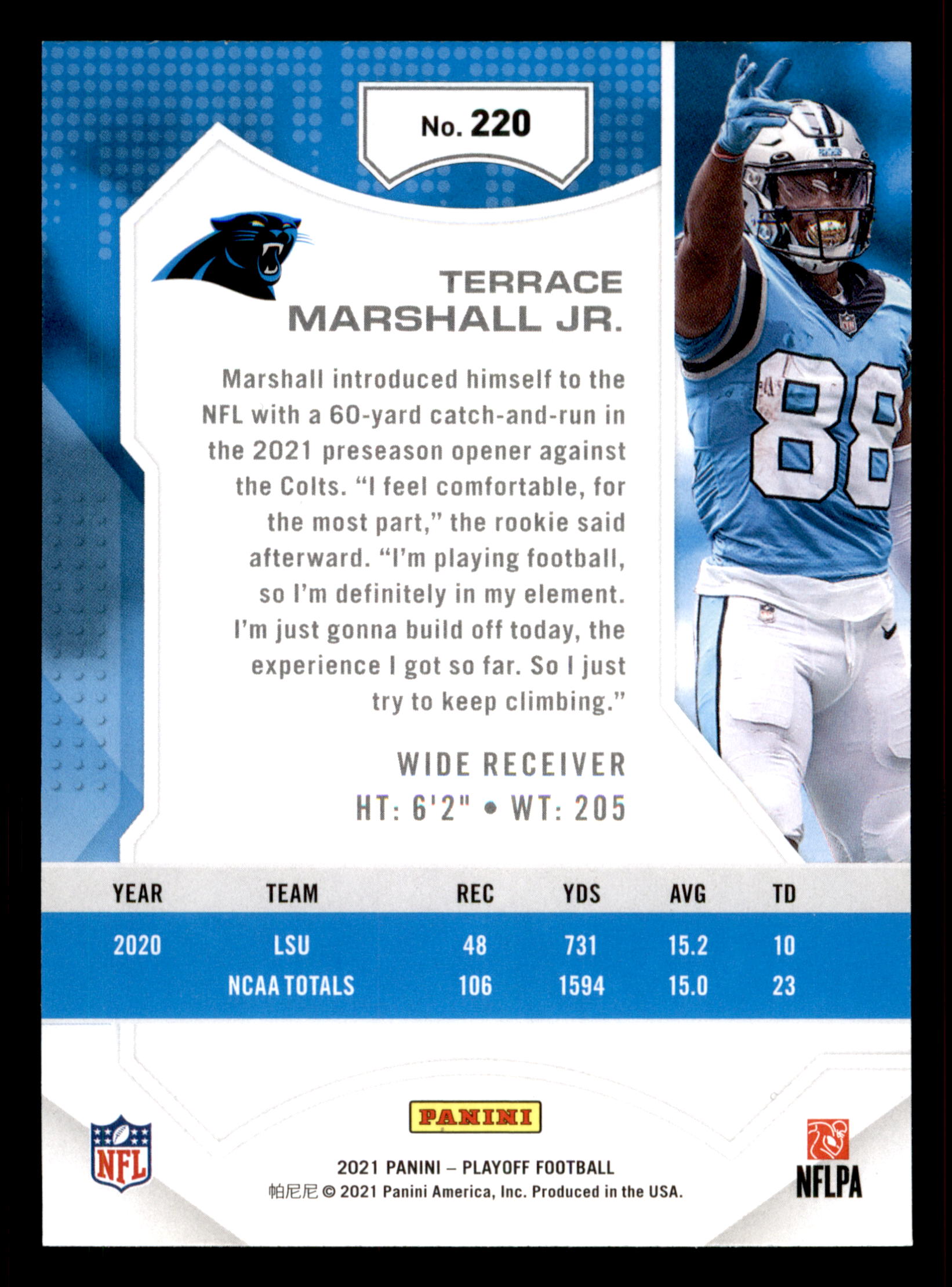 Terrace Marshall Jr. Carolina Panthers Autographed 2021 Panini