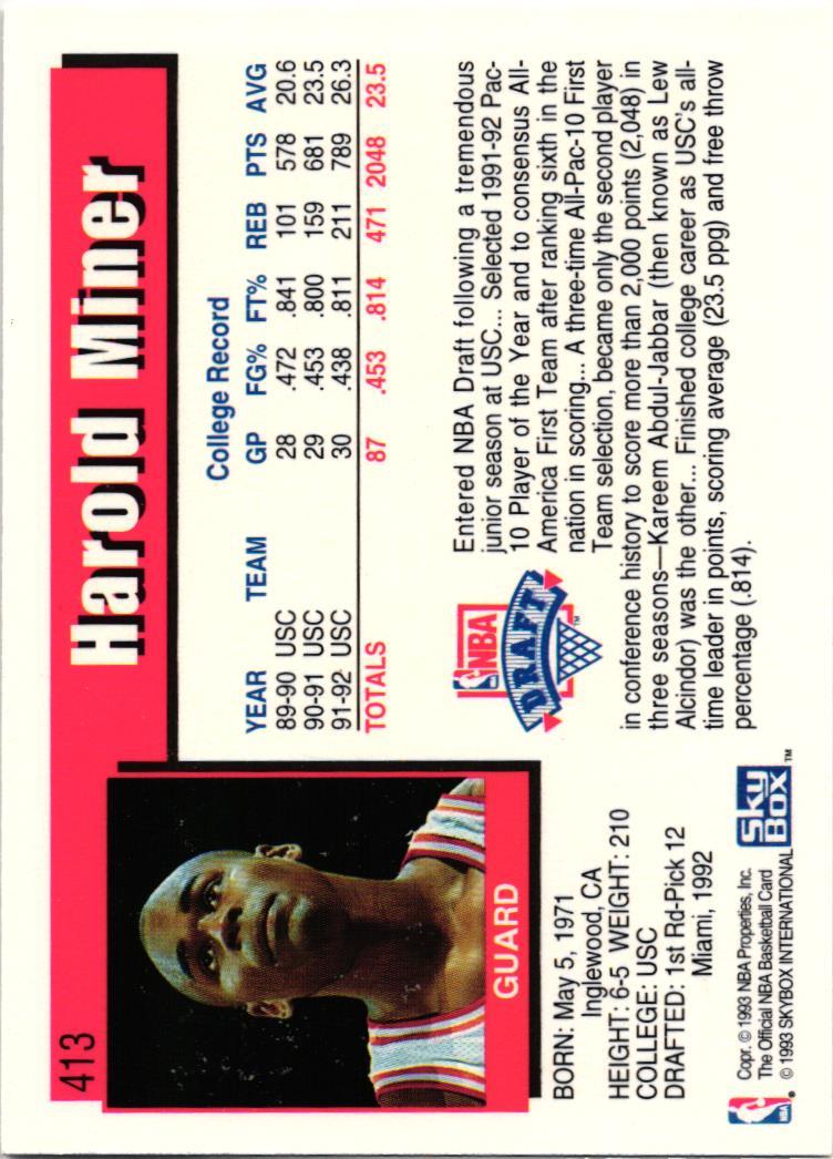 1992 Hoops 413 Harold Miner Miami Heat 