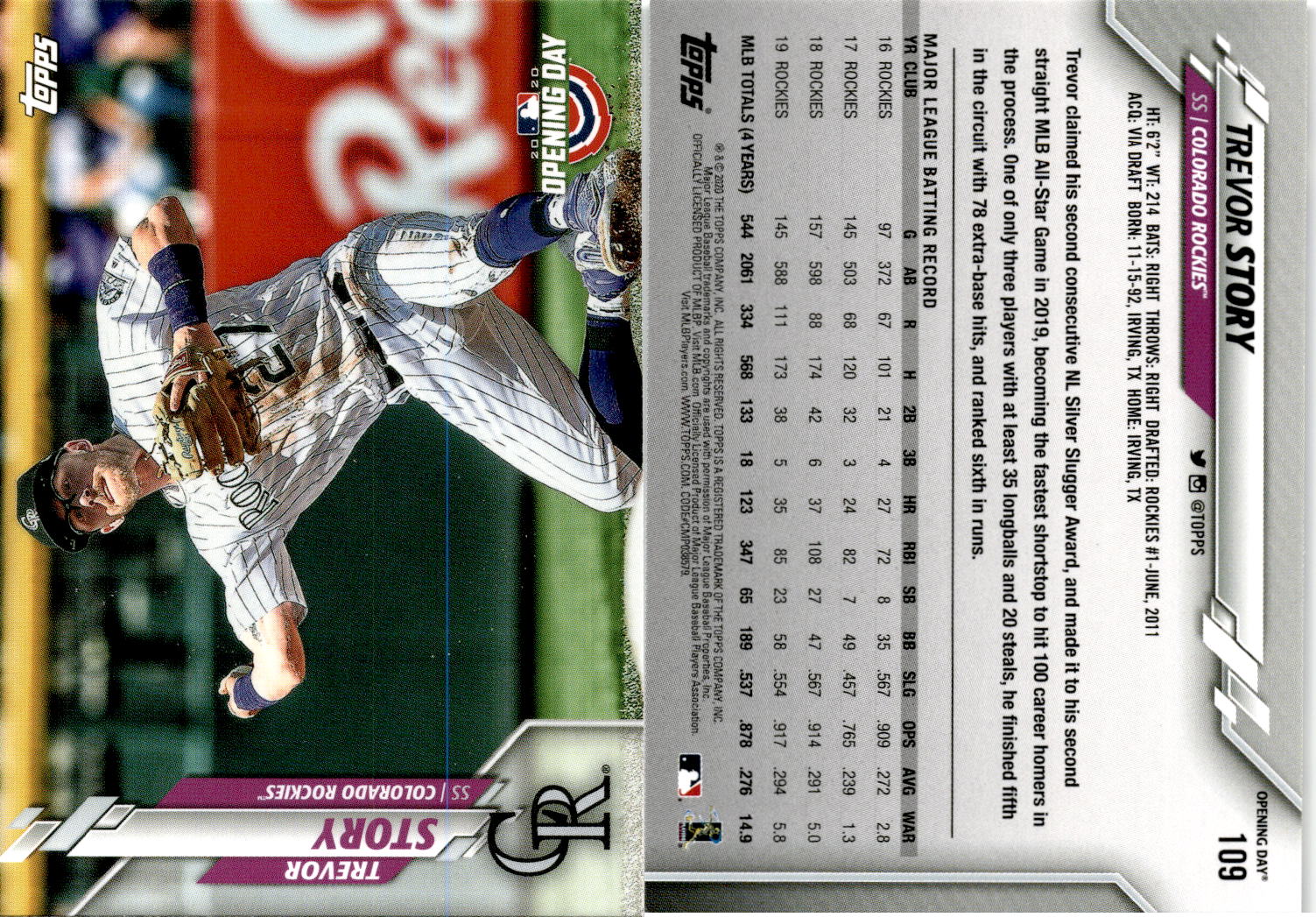  2020 Topps Opening Day #109 Trevor Story Colorado Rockies Baseball  MLB : Collectibles & Fine Art