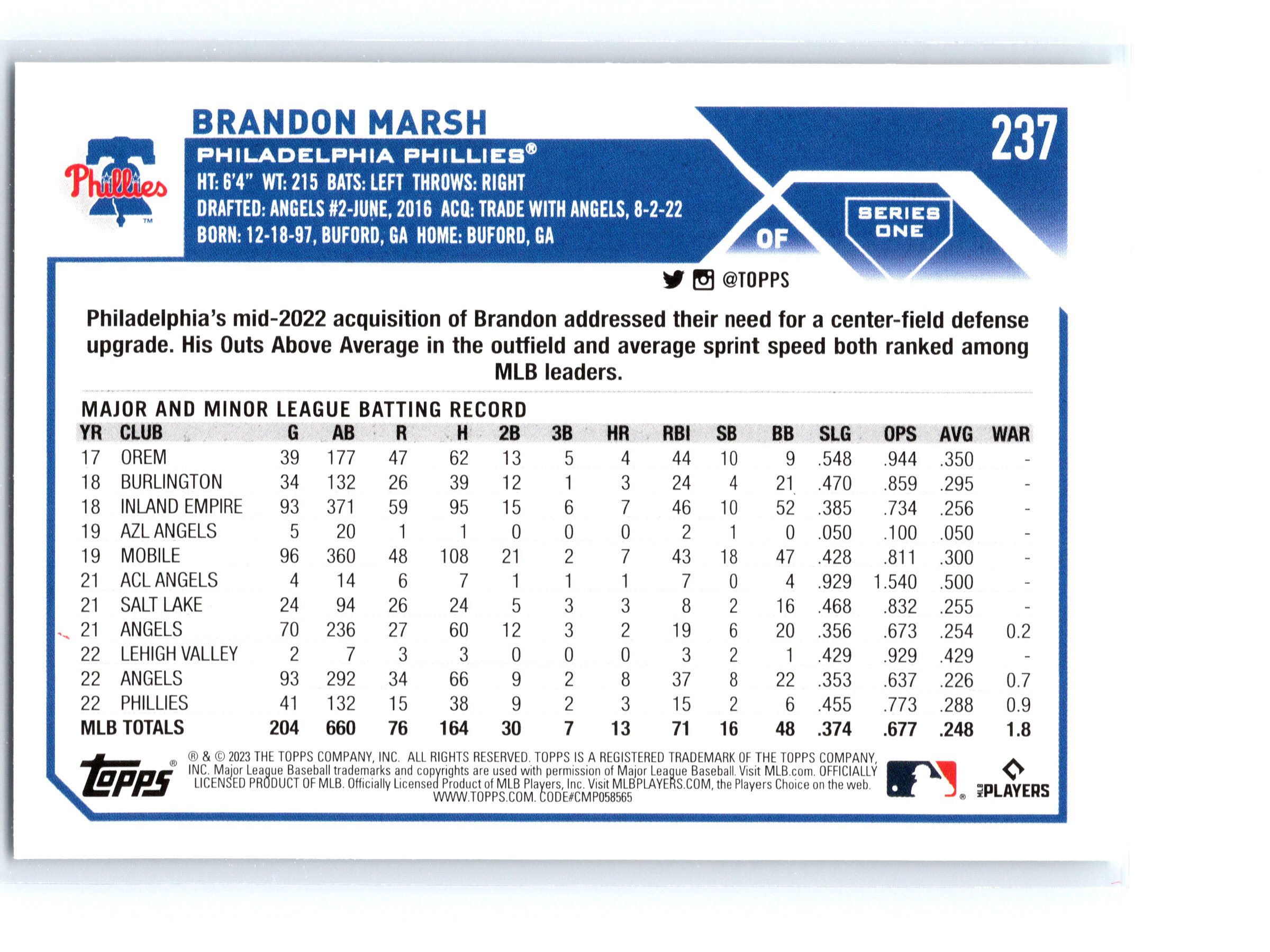 2023 Topps #237 Brandon Marsh Philadelphia Phillies Future Stars,  in  2023