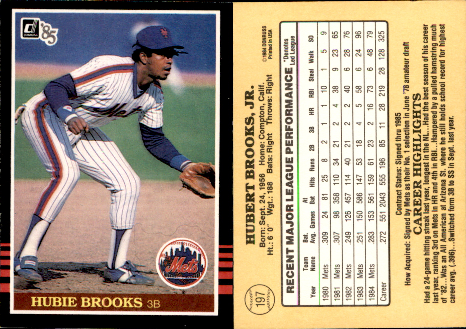 Hubie Brooks Autographed 1985 Donruss Card #197 New York Mets SKU #195563 -  Mill Creek Sports