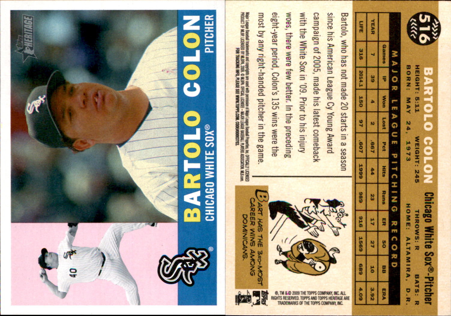  2009 Topps Heritage #516 Bartolo Colon Chicago White Sox (High  Series) MLB Baseball Card NM-MT : Collectibles & Fine Art