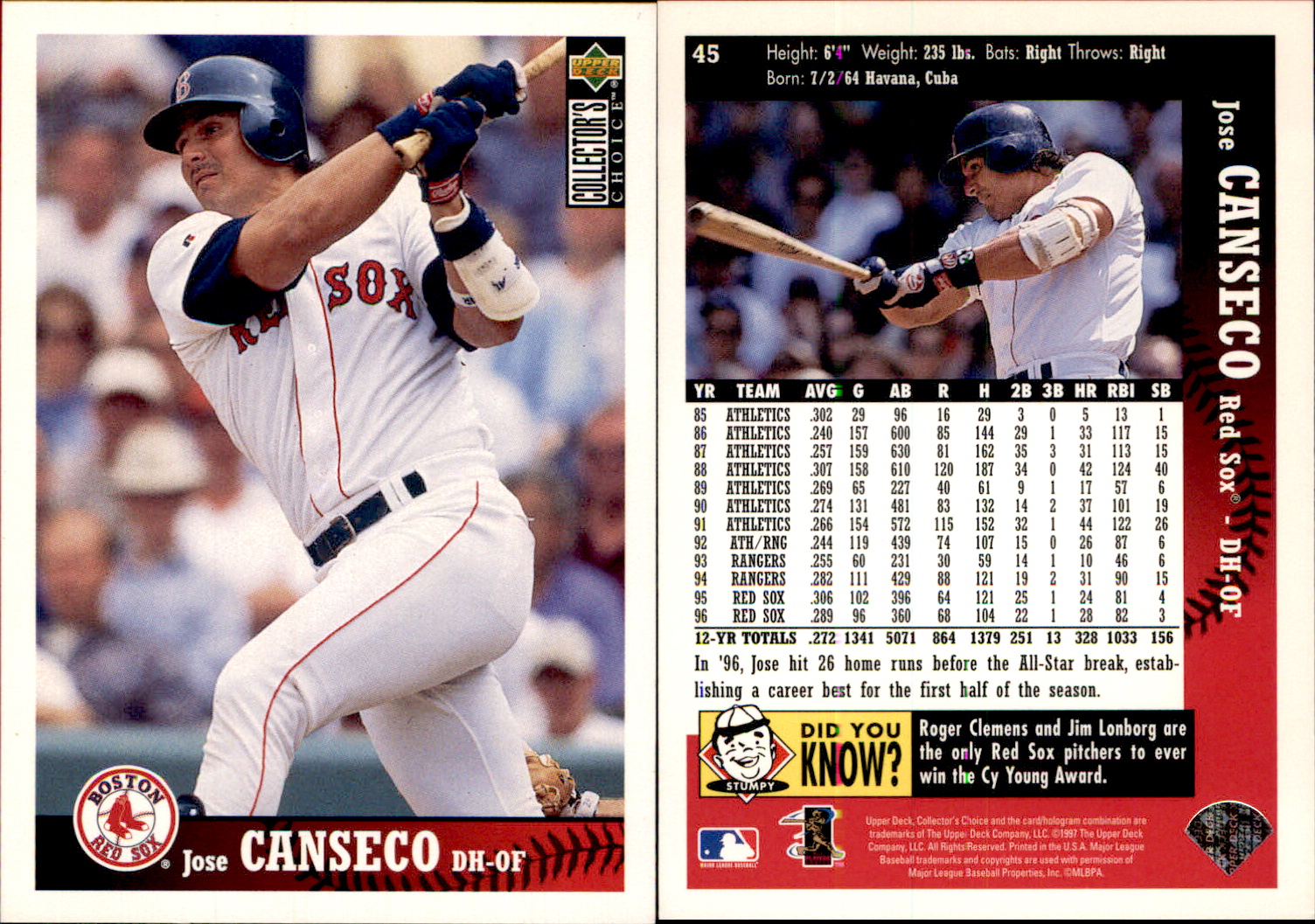 Jose Canseco signed Baseball Card (Boston Red Sox) 1997 Upper Deck #45