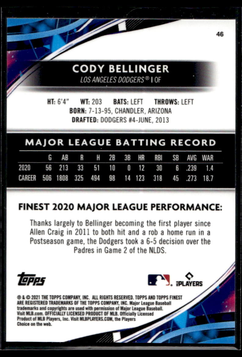 Cody Bellinger 2021 Topps Finest Baseball #46 Sky Blue Refractor /300