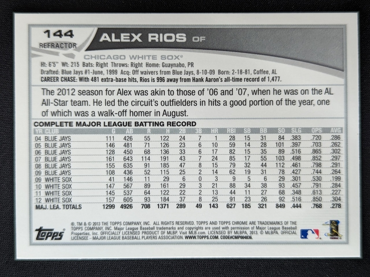2013 Topps Chrome #144 Alex Rios Orange Refractors Chicago White Sox - Picture 2 of 2