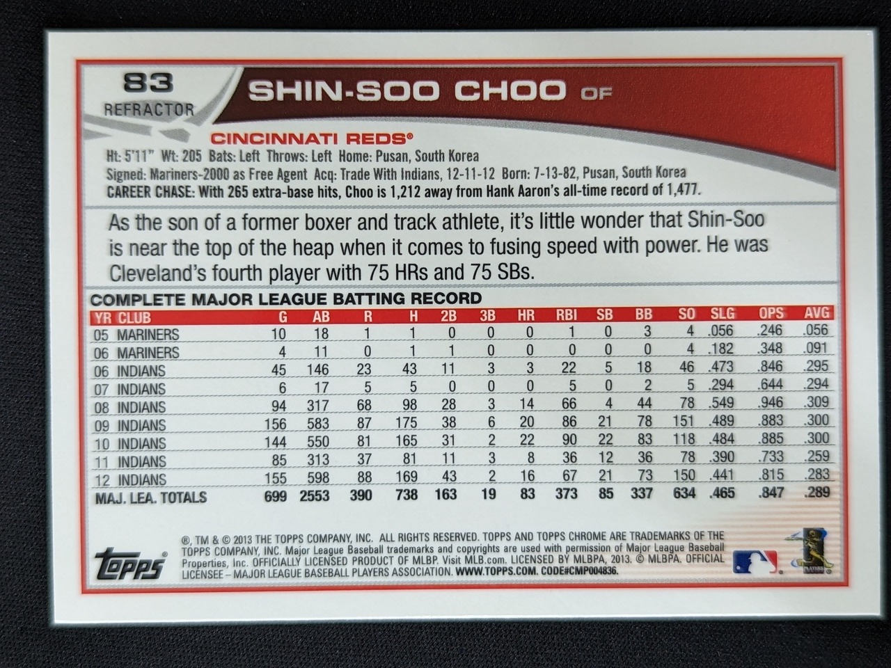 2013 Topps Chrome #83 Shin-Soo Choo X-Fractors Cincinnati Reds - Picture 2 of 2