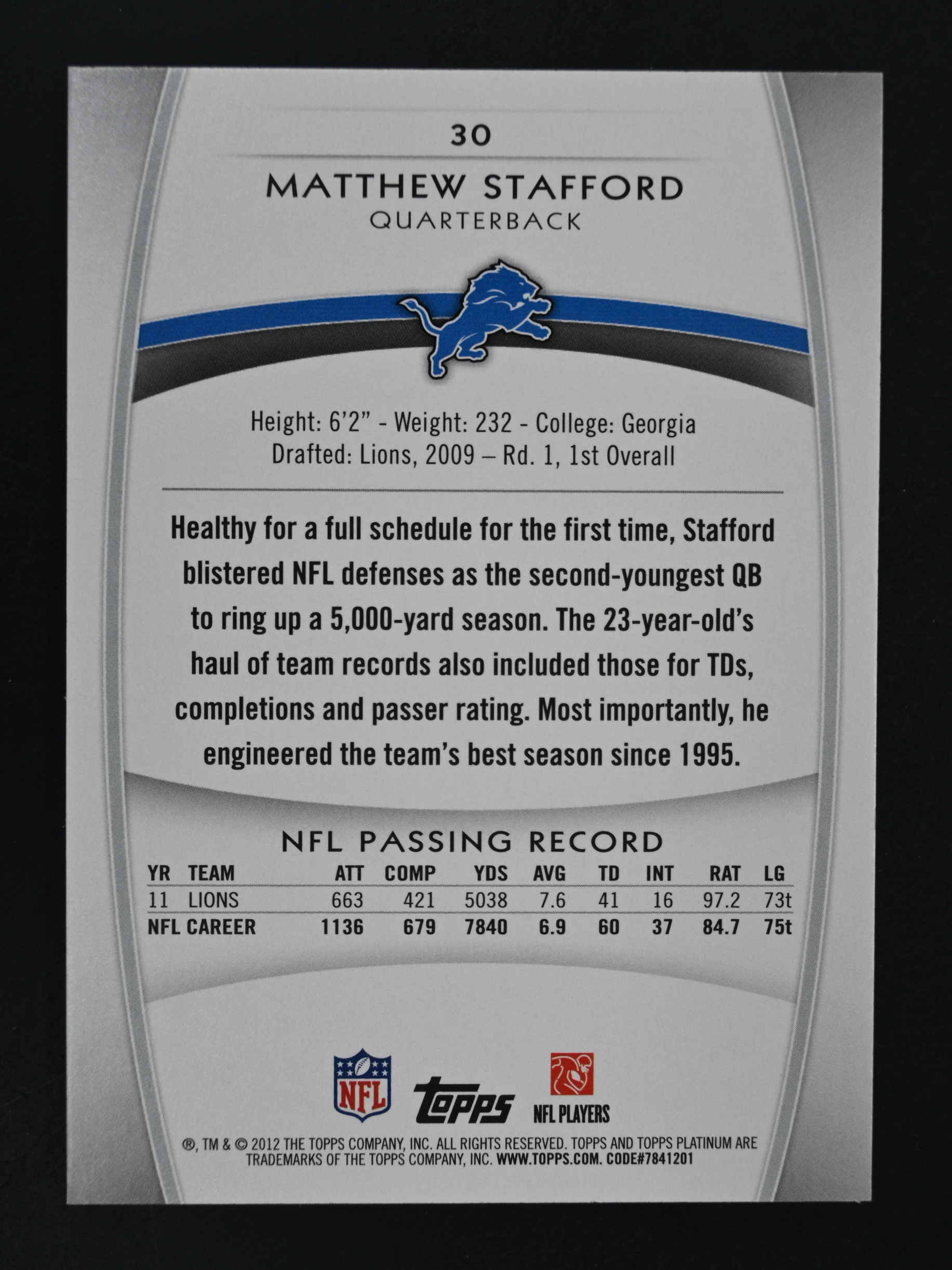 2012 Topps Platinum #30 Matthew Stafford Detroit Lions - Picture 2 of 2