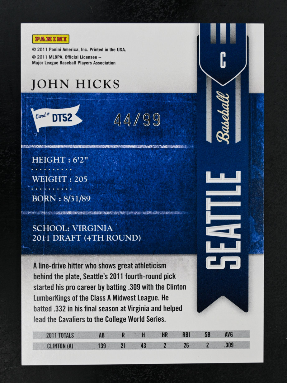 2011 Playoff Contenders #DT52 John Hicks Draft Ticket Seattle Mariners - Picture 2 of 2