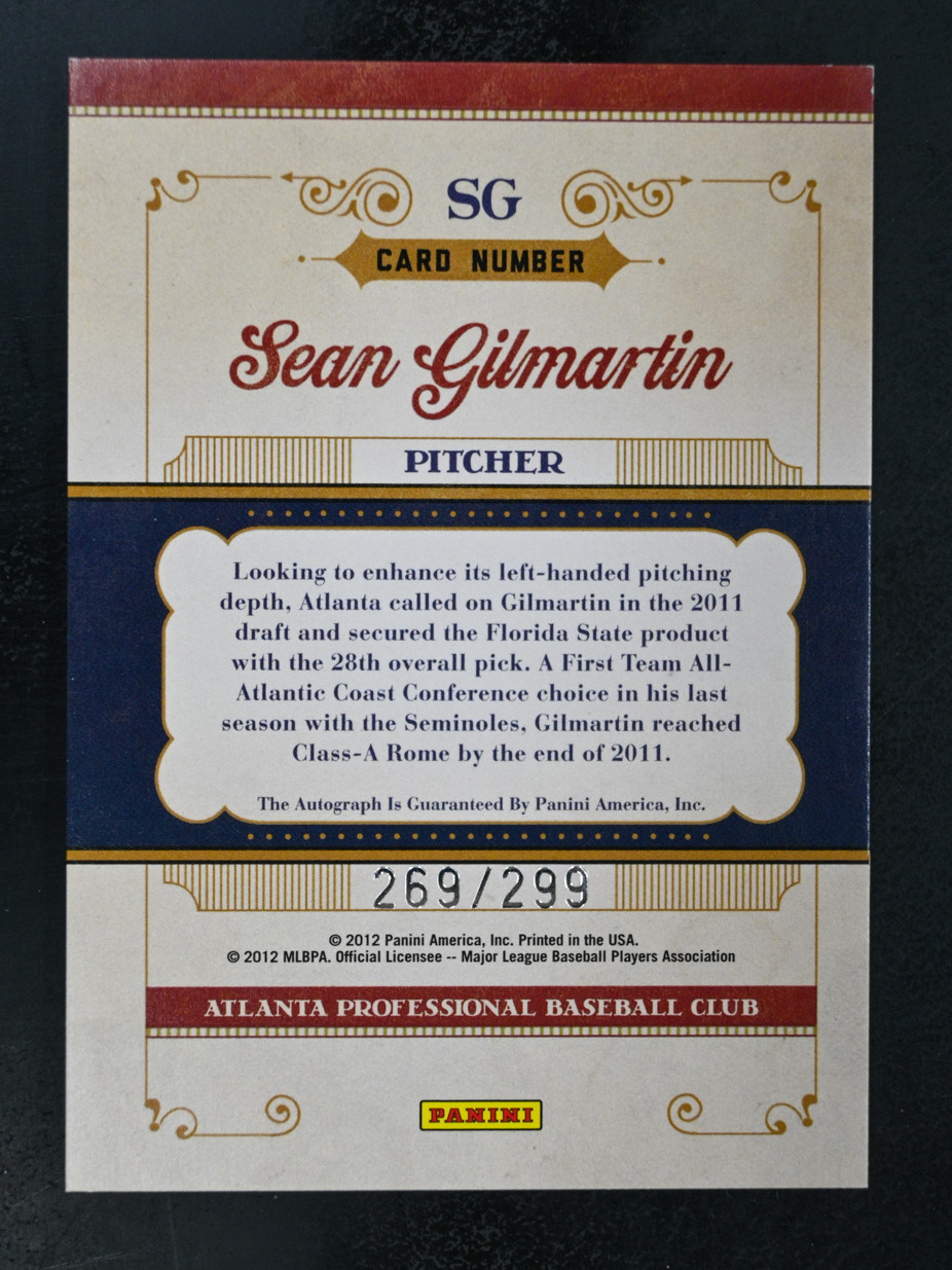 2011 Panini Prime Cuts #SG Sean Gilmartin /299 Prospect Signatures Braves - Picture 2 of 2