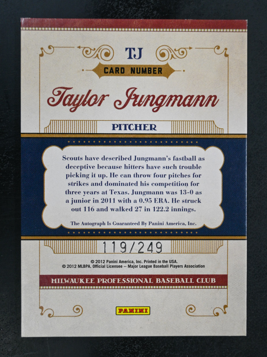 2011 Panini Prime Cuts #TJ Taylor Jungmann /2489 Draft Pick Signatures Brewers - Picture 2 of 2