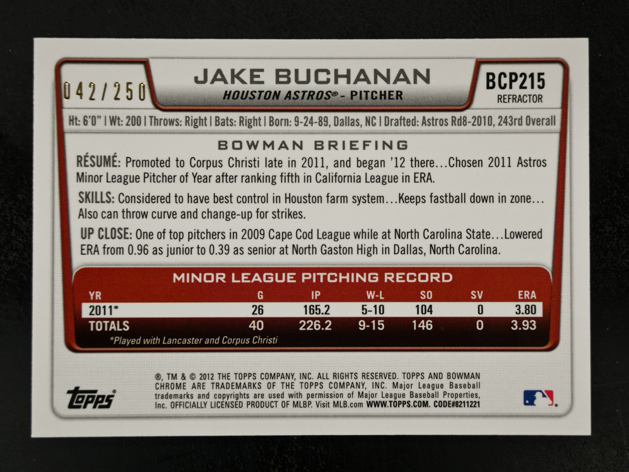 2012 Bowman Chrome #BCP215 Jake Buchanan /250 Blue Refractor Prospects Astros - Picture 2 of 2