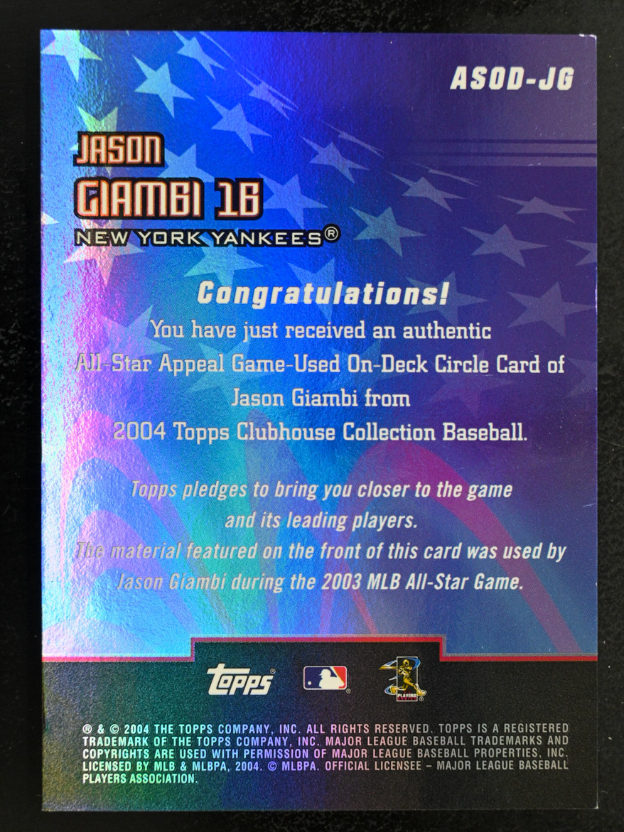 2004 Topps Clubhouse Collection #ASOD-JG Jason Giambi /90 All-Star Appeal Relics - Picture 2 of 2