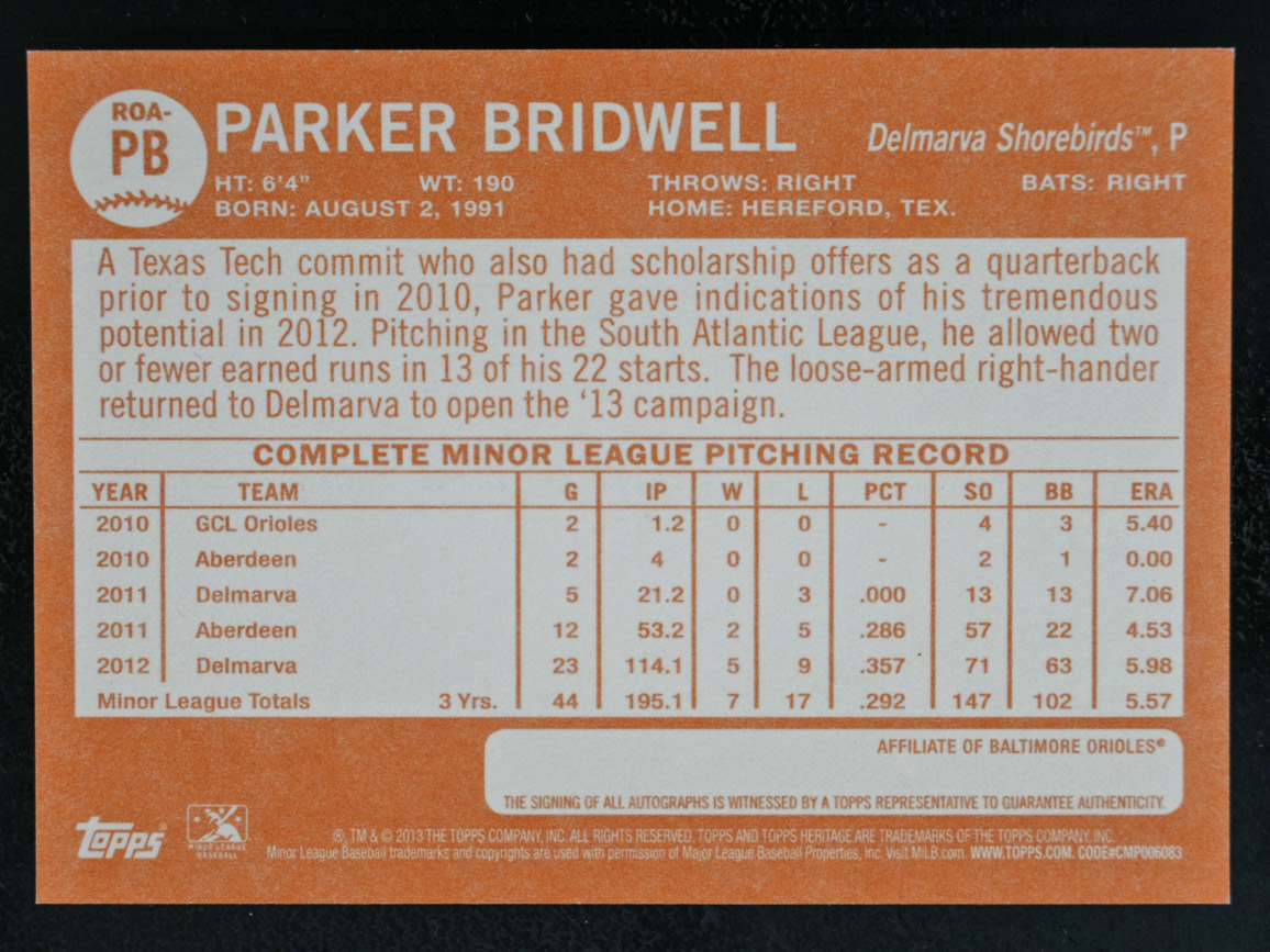 2013 Topps Heritage Minor League #ROA-PB Parker Bridwell Real One AUTO - Picture 2 of 2