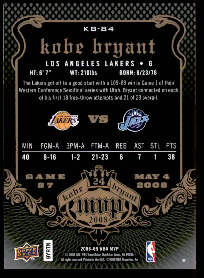 2008-09 Upper Deck MVP #KB-84 Kobe Bryant Kobe MVP Los Angeles Lakers - Picture 2 of 2