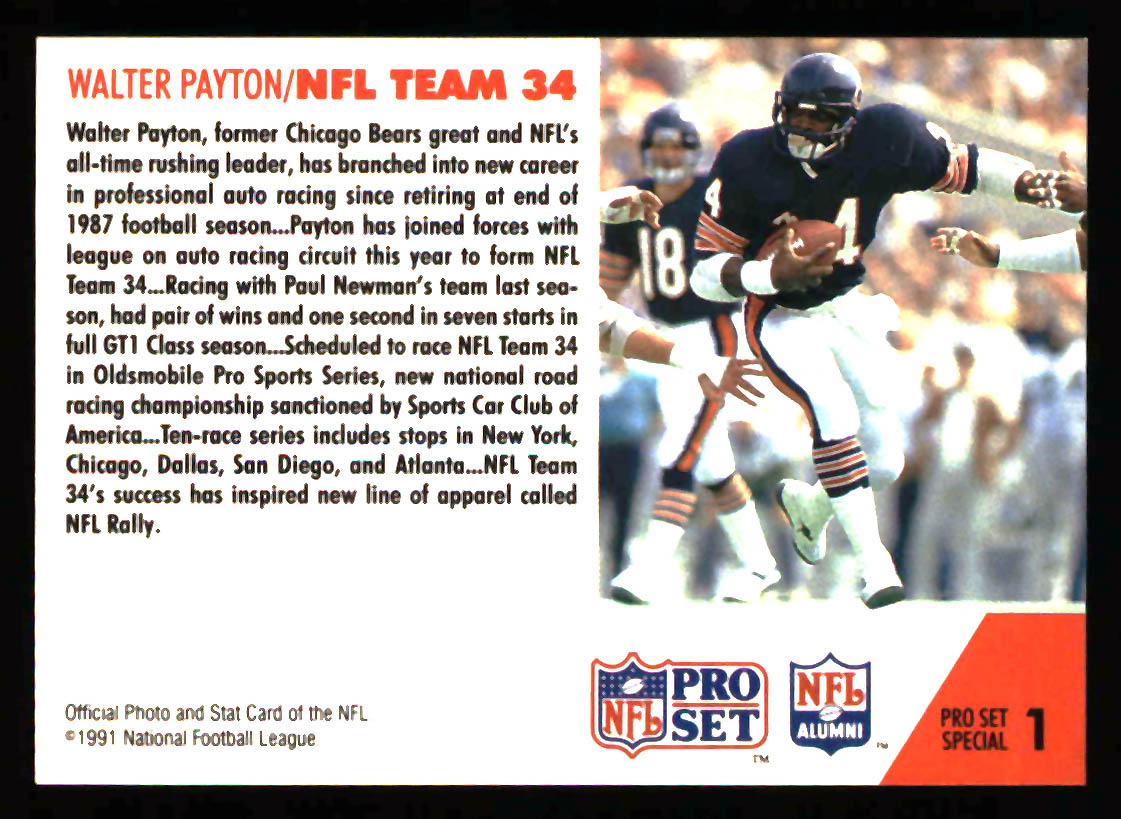 1991 Pro Set Special #1 Walter Payton Chicago Bears - Picture 2 of 2