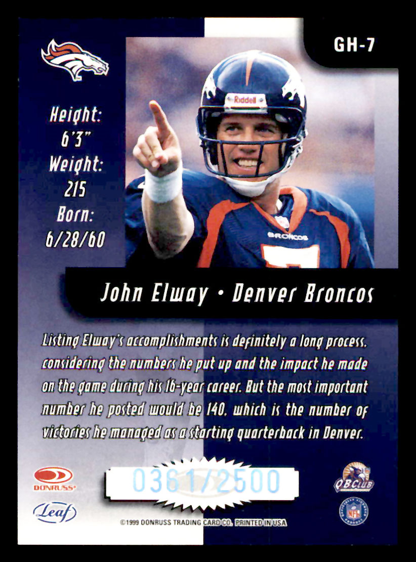 1999 Leaf Rookies & Stars #GH-7 John Elway /2500 Greatest Hits Denver Broncos - Picture 2 of 2