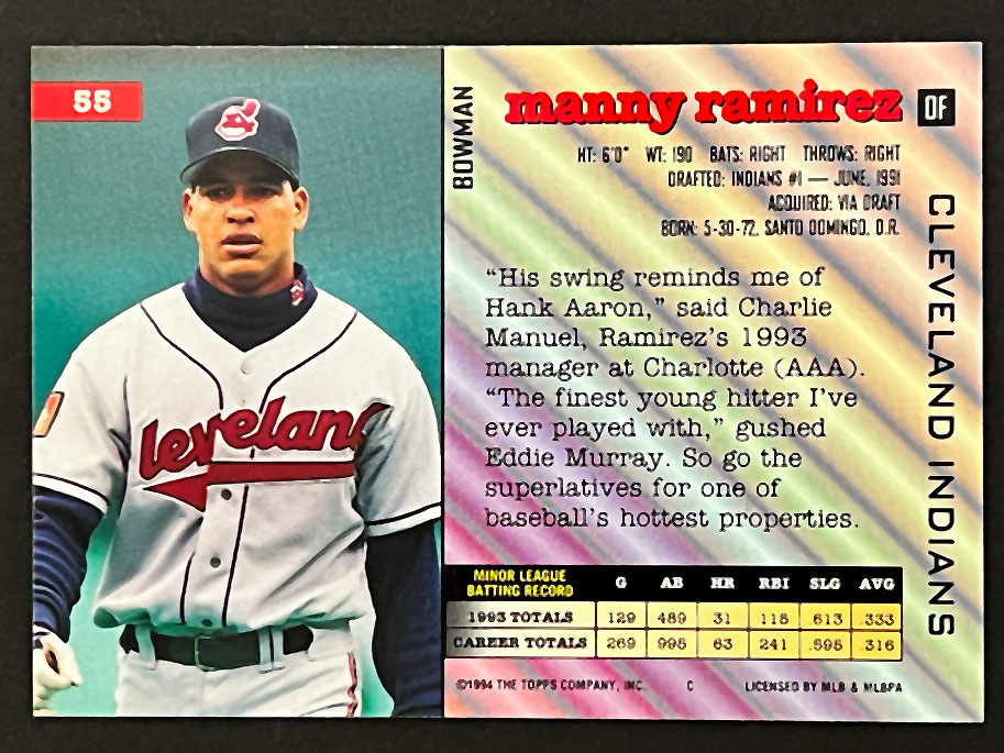 1994 Bowman #55 Manny Ramirez Cleveland Indians - Picture 2 of 2