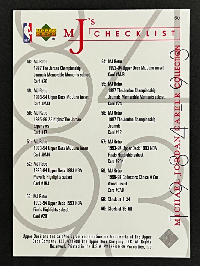 1998 Upper Deck Michael Jordan Career Collection #60 Checklist Chicago Bulls - Picture 2 of 2
