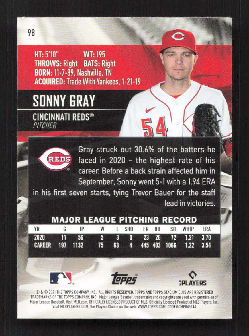 2021 Topps Stadium Club Black Foil #98 Sonny Gray - Cincinnati Reds