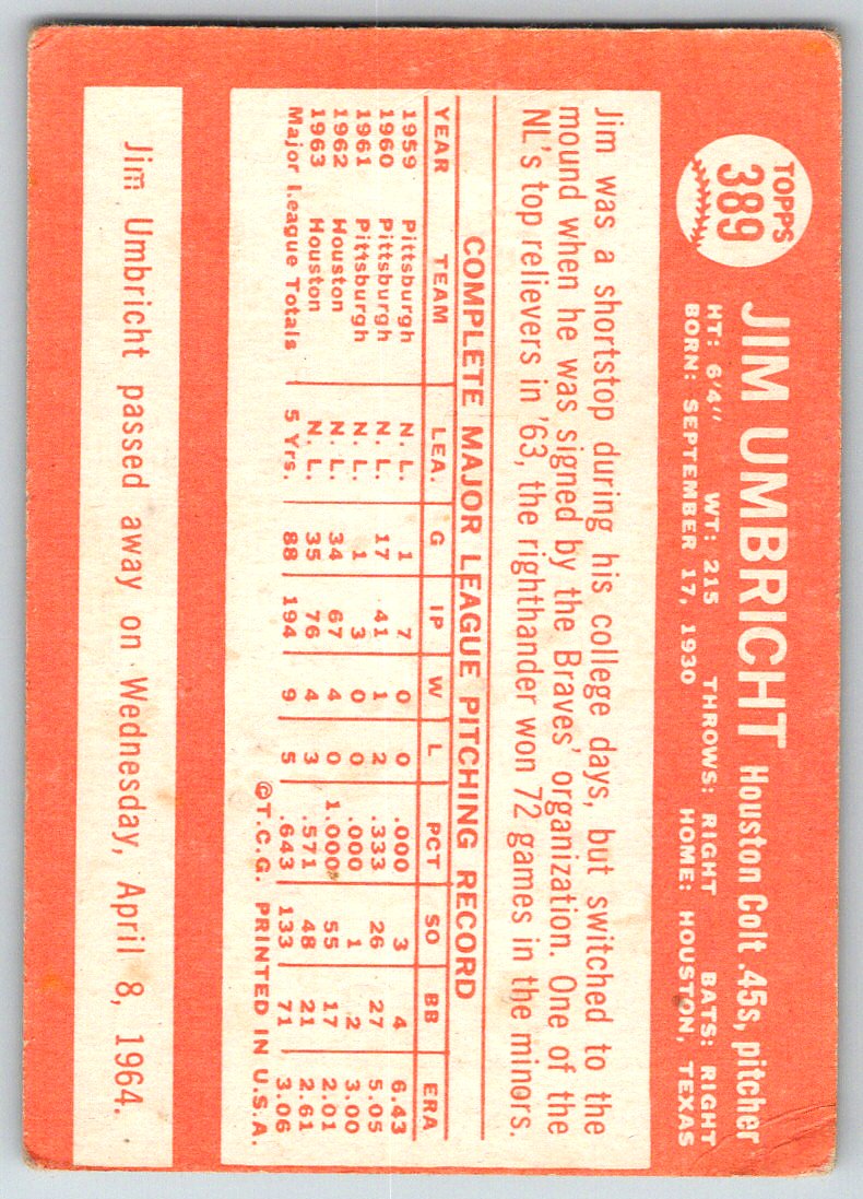 1964 Topps - #389 Jim Umbricht for sale online | eBay